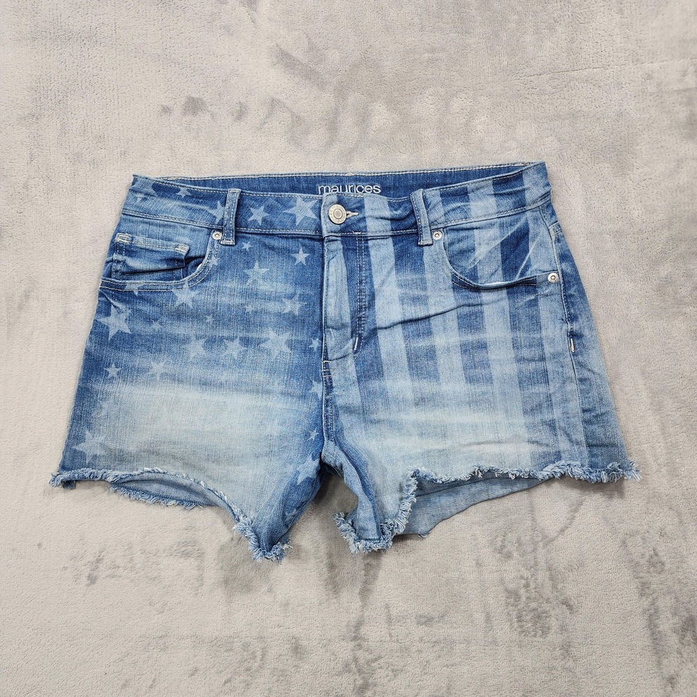 Maurices Shorts Womens 12 Blue High Rise Cutoff‎ Denim USA Flag Stars Stripes
